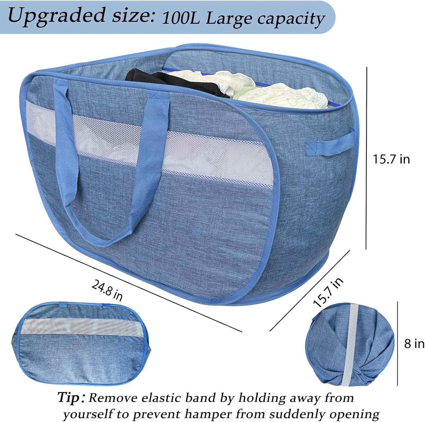 100L Mesh Pop Up Laundry Hampers with Handles, Extra Large Collapsible Laundry Baskets 2 Pack, Portable Travel Laundry Basket, Dirty Clothes Hamper Light Breathable, Bule. 2H