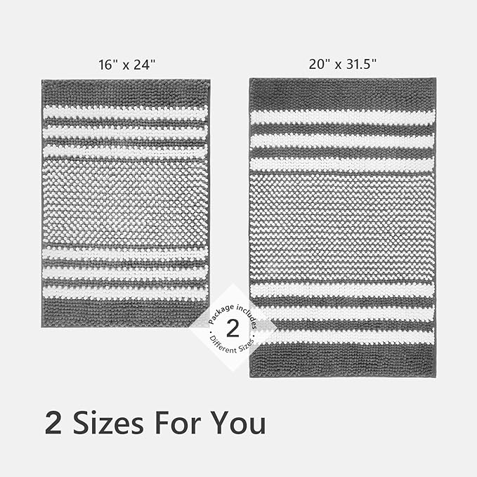Tindbea Bathroom Rugs Set 2 Piece, Extra Soft and Absorbent Fluffy Striped Chenille Bath Mat Rug Set, Non Slip Bathroom Floor Mat, Machine Washable (20" x 32" Plus 16" x 24", Dark Gray)