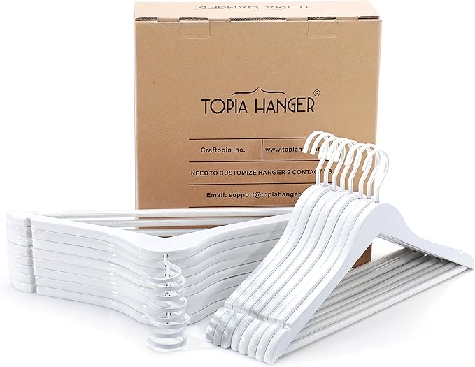 TOPIA HANGER All White Wooden Hangers, Solid Wood Suit Hangers with Extra Thick Hook and Non Slip Pants Bar, Heavy Duty Coat Hangers with Notches, Bridal Hangers for Shirts 16 Pack -CT01W