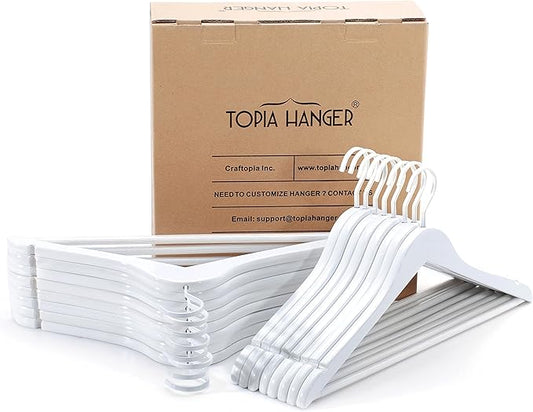 TOPIA HANGER All White Wooden Hangers, Solid Wood Suit Hangers with Extra Thick Hook and Non Slip Pants Bar, Heavy Duty Coat Hangers with Notches, Bridal Hangers for Shirts 16 Pack -CT01W