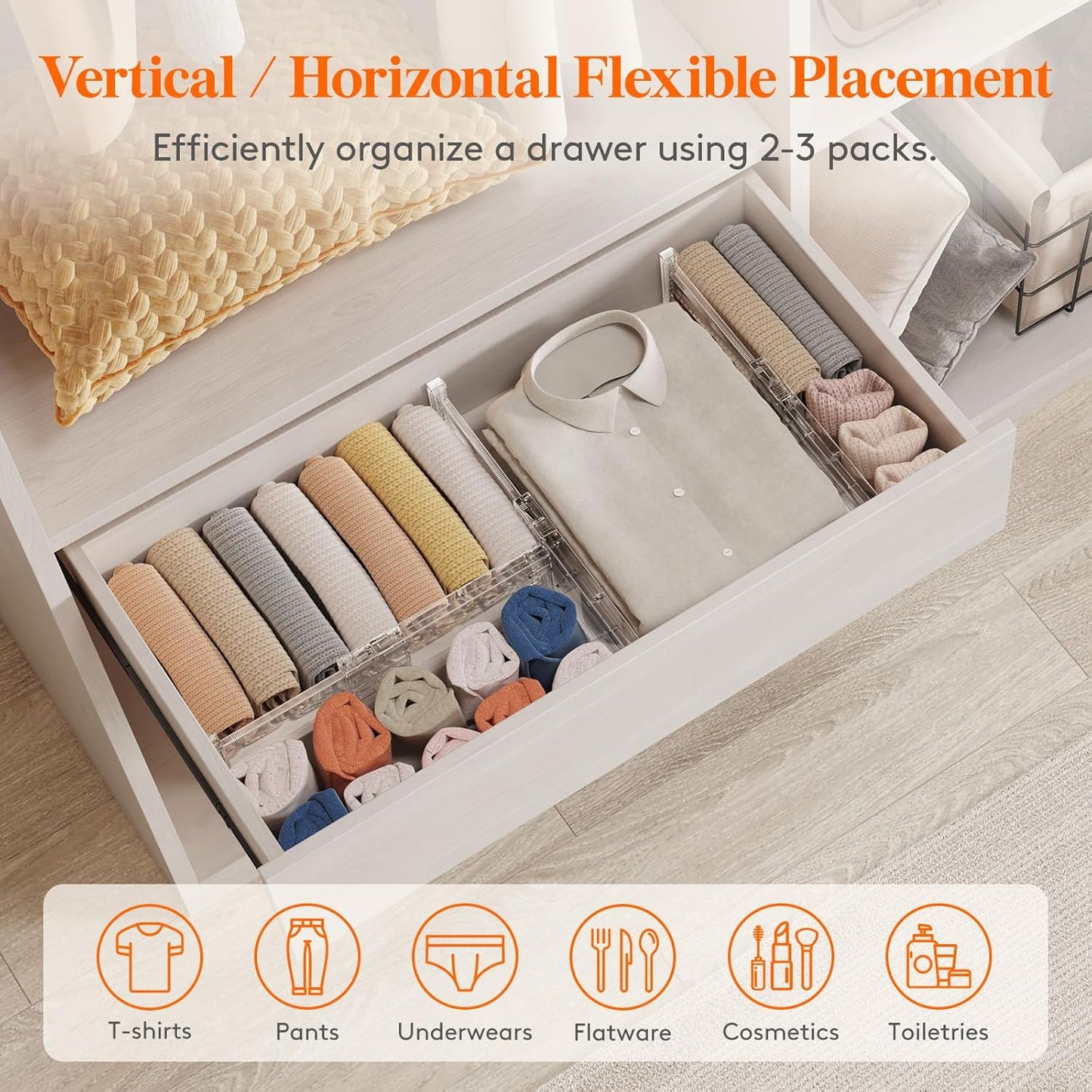 Lifewit 8 Pack Drawer Dividers 4" High, 11-17" Adjustable Dresser Drawer Organizers for Clothes, Expandable Dresser Separators in Bedroom/Bathroom/Kitchen/Vanity/Office Organization and Storage,Clear