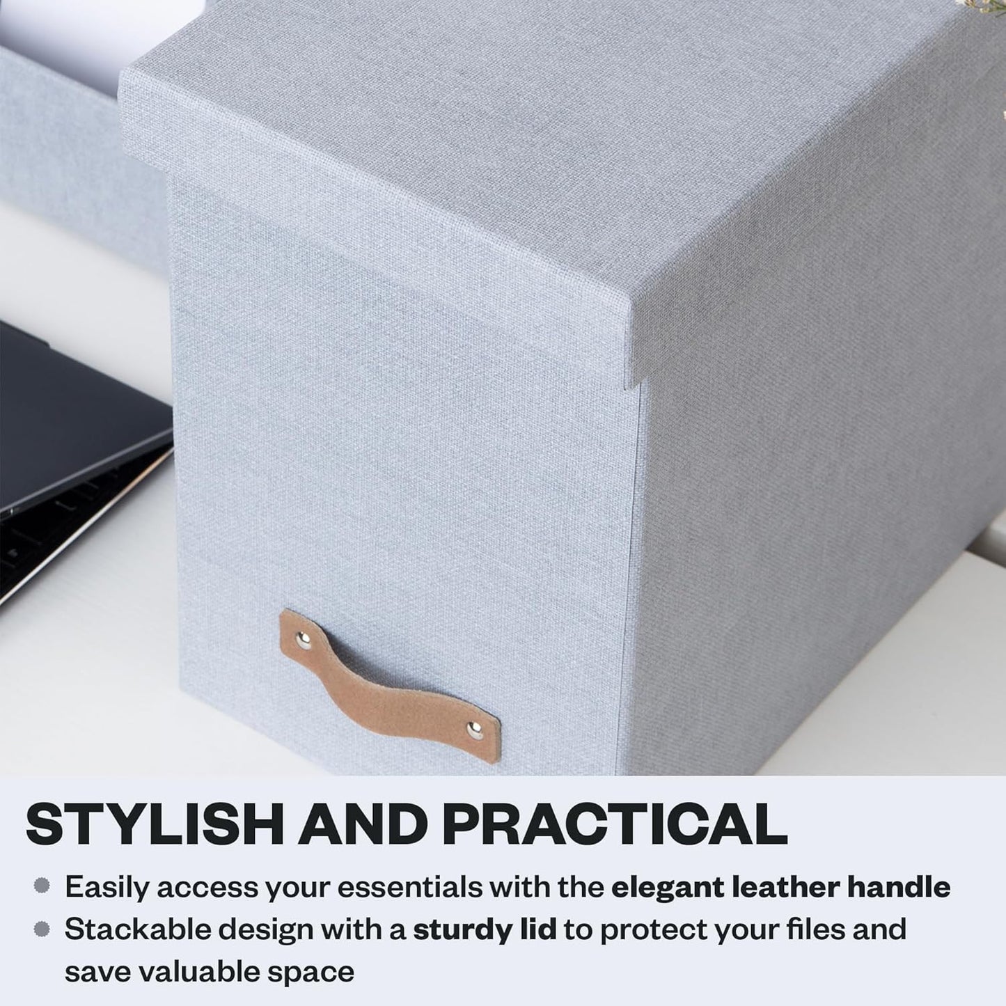 Bigso John File Box - File Storage Box and File Organizer for Important Paperwork - Durable Hanging File Box with Lid and Leather Handle - 7.4 in x 13 in x 10.4 in - Ash