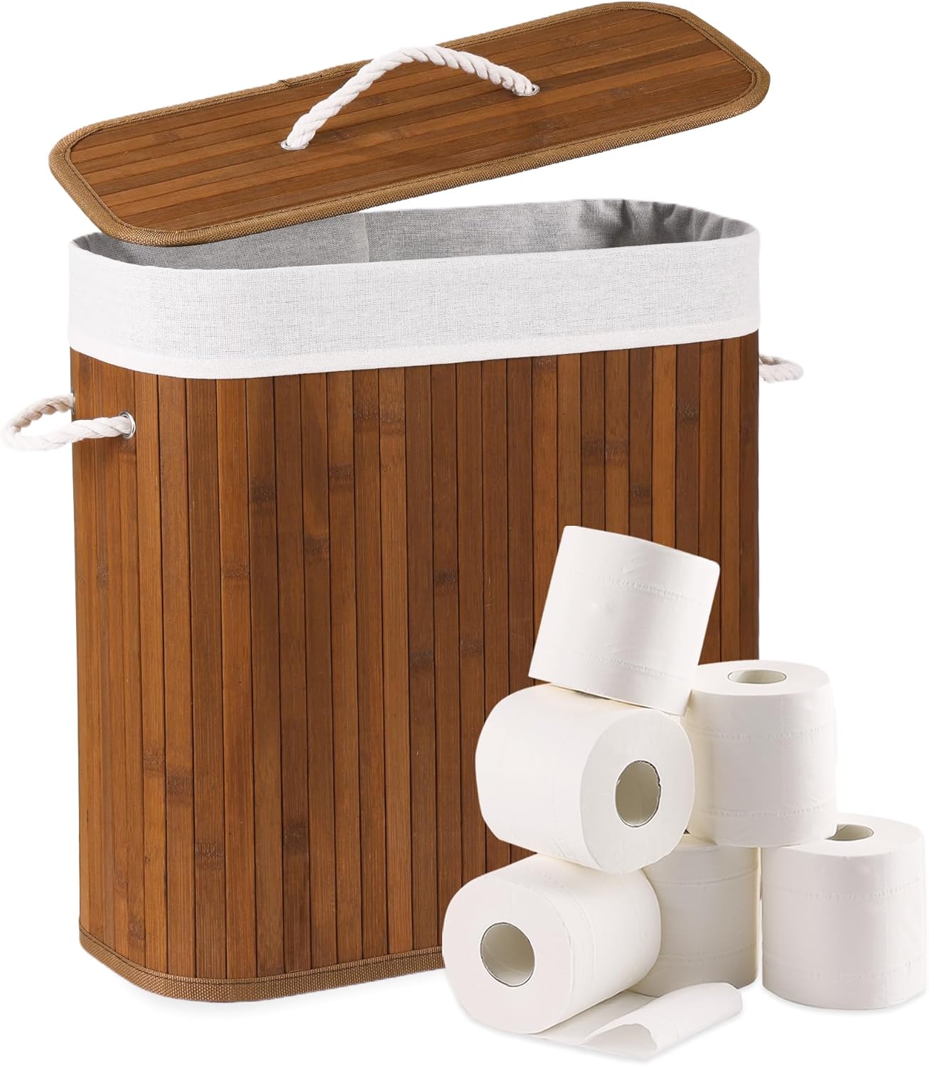 Bamboo Toilet Paper Storage with Lid & Handel, 8 Gallons (30L), Sturdy Toilet Paper Basket, Organizer for Bathroom, Kitchen, Holder with Storage, Walnut