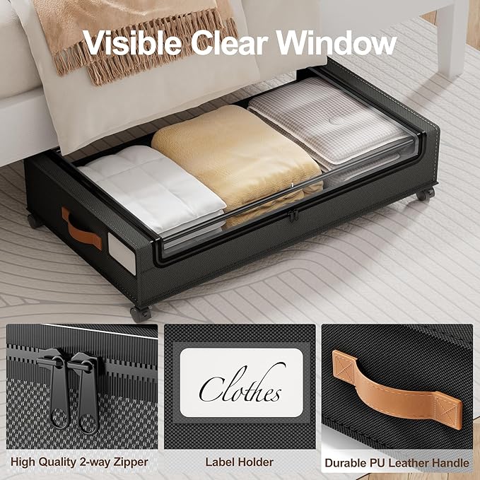 LAMU 2 Pack Under Bed Storage with Wheels, 60L Large Lapacity UnderBed Storage Containers with Clear Lid and Handles, Under the Bed Storage Bins Drawers for Clothes, Blankets, Shoes, Books, Black