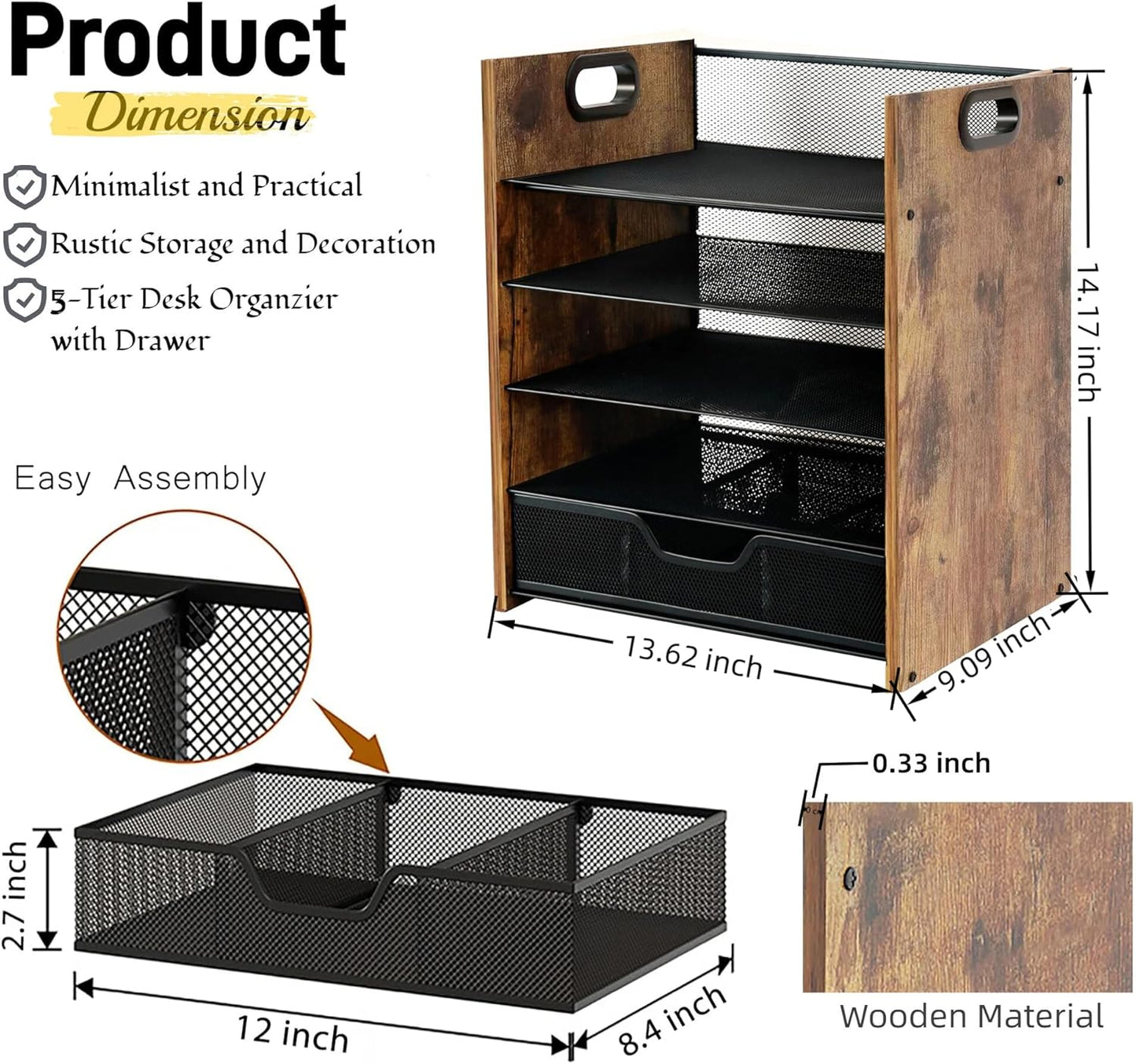 Wood Desk Organizer - 5-Tier Desktop File Organizer with Drawer, Wooden Paper Tray, Office Desk Organzier and Accessories for Papers, Mail, Notebooks, Stationery