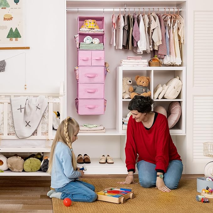 GRANNY SAYS Hanging Closet Organizers and Storage, 6 Shelves Closet Hanging Organizer with 6 Side Pockets, 5 Drawer Storage Organizer, Portable Hanging Shelves for Baby Closet, Pink Shelf