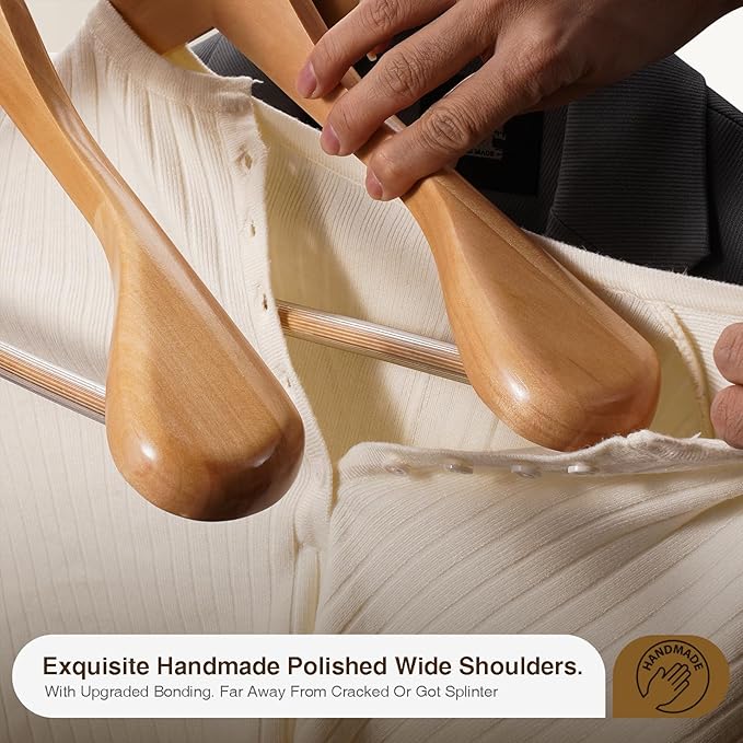 Suit Hangers 6 Pack,Wide Shoulder Wooden Hangers,Solid Wood Coat Hangers with Heavy Duty Retotating Hooks & Non Slip Pants Bar,Smooth Finish Clothes Hanger for Sweater, Pants, Jacket(Natural)
