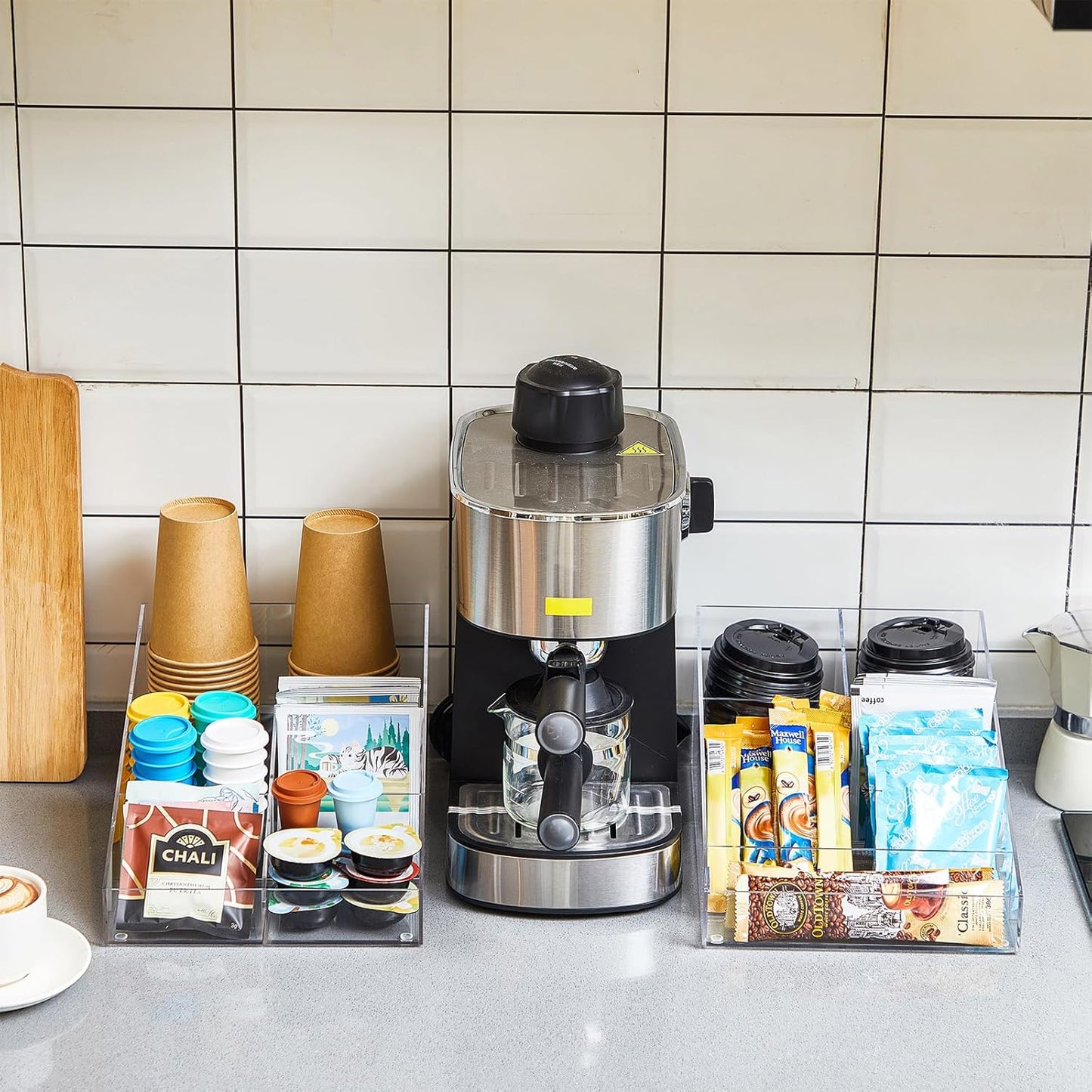 2 Pcs Acrylic Coffee Station Organizer for Countertop and Tea Condiment Storage with 9 Compartments Totally Bar Accessories for Home Office Breakroom, 2 in 1 Design