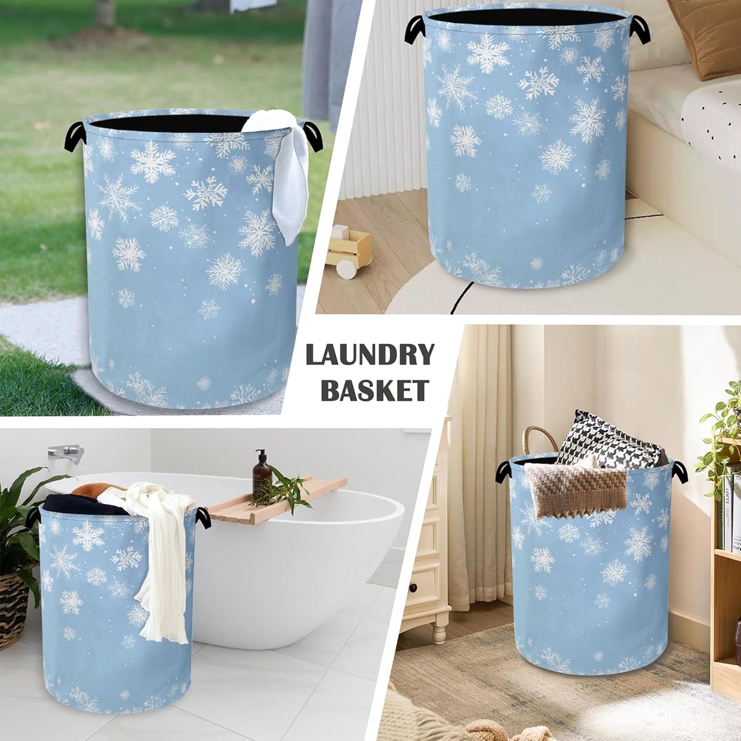 Snowflakes Christmas Laundry Basket,Oxford Cloth Laundry Hamper with Handle Foldable Portable Clothes Storage Basket for Bathroom Bedroom Dorm Room 16" x 20.8"