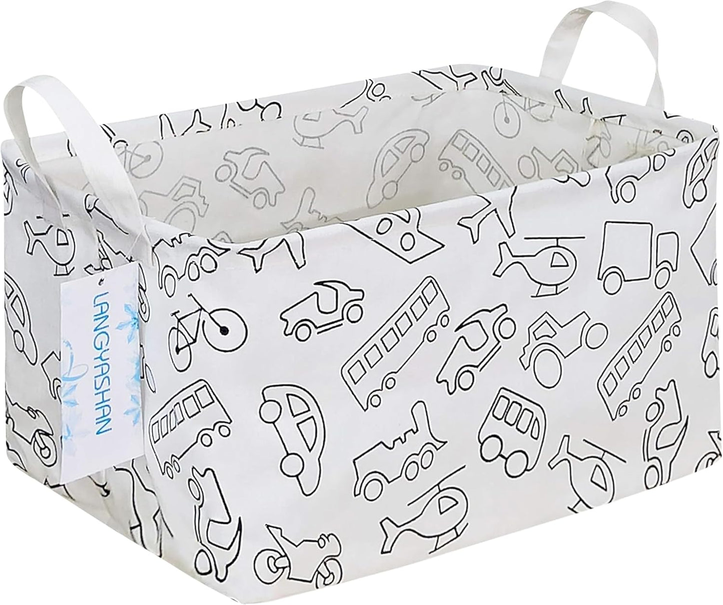 LANGYASHAN Rectangular Storage Bin Collapse Canvas Fabric Cartoon Storage Basket with Handles for Organizing Home Kitchen Boys and Girls Toys Office Closet Shelf Baskets (Rec Vehicle)