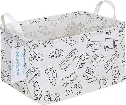 LANGYASHAN Rectangular Storage Bin Collapse Canvas Fabric Cartoon Storage Basket with Handles for Organizing Home Kitchen Boys and Girls Toys Office Closet Shelf Baskets (Rec Vehicle)
