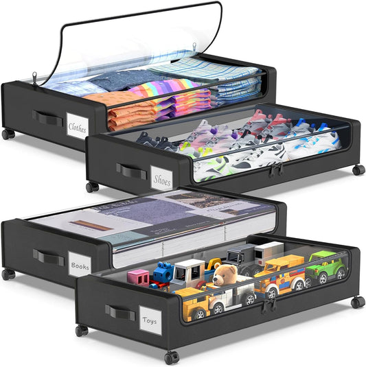 Under Bed Storage with Wheels, 4-Pack Underbed Storage Containers with Clear Lids, Under Bed Shoe Storage Organizer, Rolling Under Bed Storage for Clothes Shoes Blankets (Black)