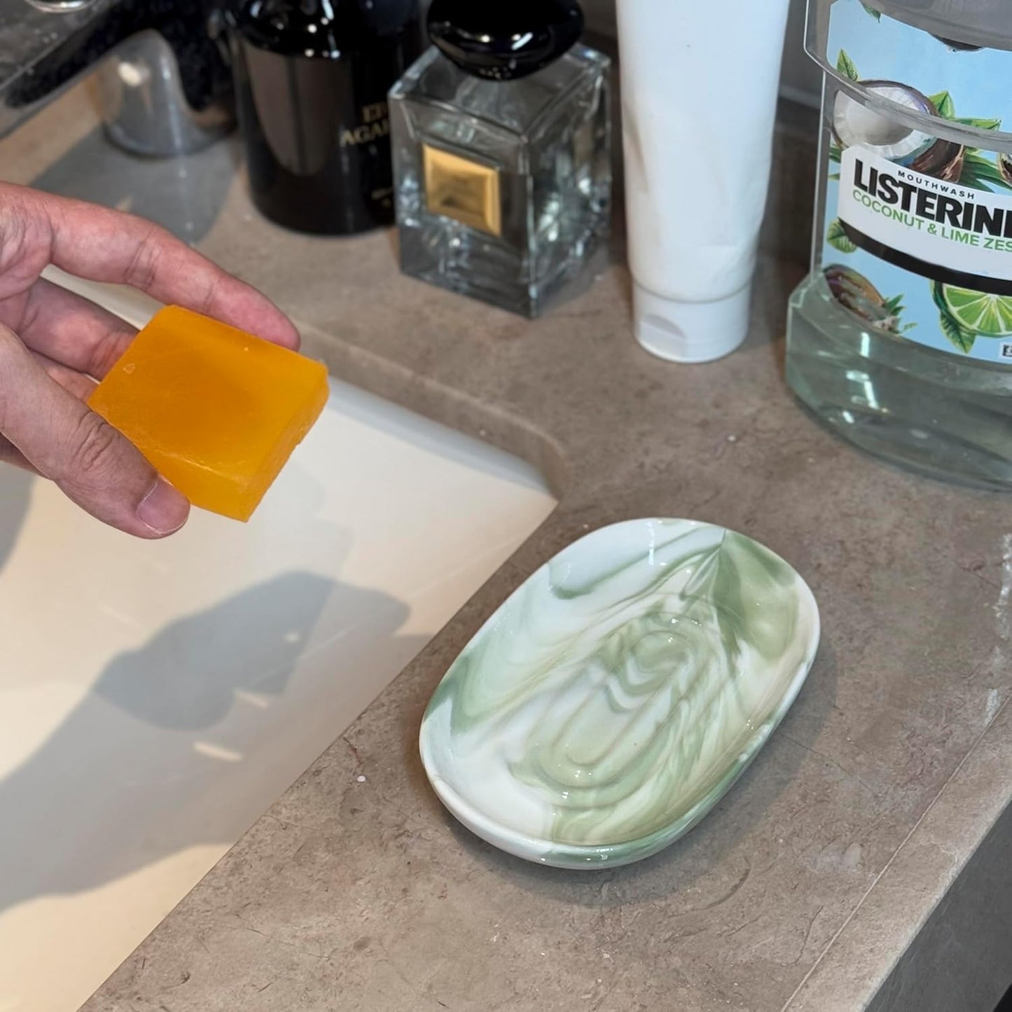 Soap Dish, Ceramic Soap Dish with Marble PatternShower, Soap Saver Tray for Bathroom, Kitchen Sink & Vanity, Multi-Use Holder for Jewelry, Rings, Keys (1 Pack, Green-White)