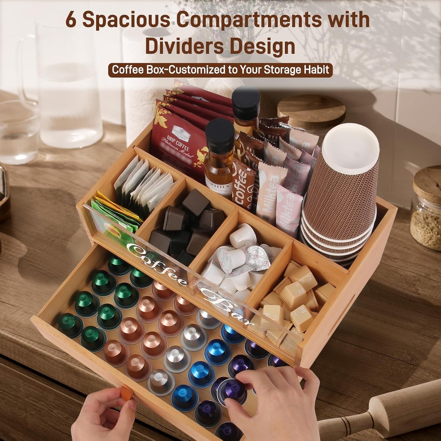 2-Tier Coffee Bar Organizer with Clear Acrylic Top, Built-in Drawer and Leather Handle Pull for Countertop, Stylish Coffee Station Storage Box for Accessories, Pods, Great Gifts for Home