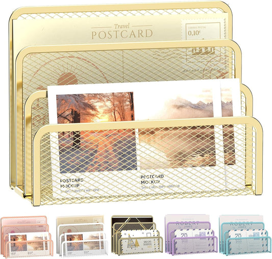 SUPEASY Mail Organizer for Desk, Mesh Metal Mail Holder Countertop with 3-Slot, Letter Sorter File Holder, Office Envelope Organizer for Mails (Gold)