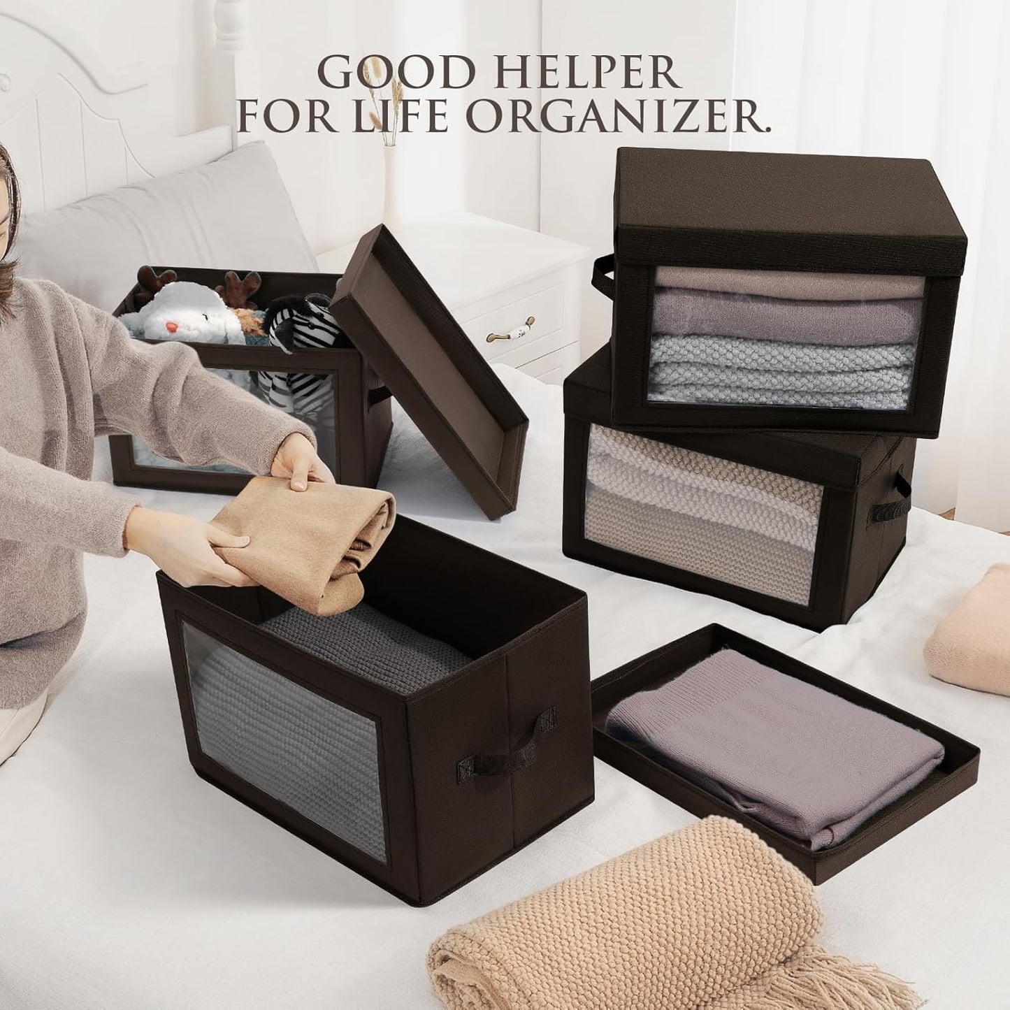 Collapsible Storage Bins with Clear Window - Clothes Organizers and Storage, Decorative Boxes with Lid, Fabric Storage Cube, Storage Baskets for shelves, Yarn, Home, Brown, 4-Pack