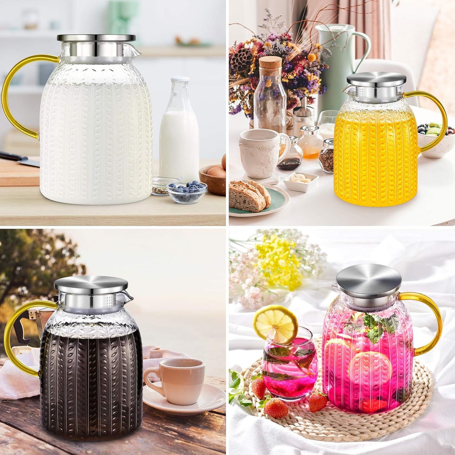 Aofmee 60oz Glass Pitcher, Water Pitcher with Lid, Iced Juice Jugs for Fridge, Glass Carafe for Cold or Hot Beverages, Sun Tea Jar, Easy Clean Heat Resistant Jug for Milk