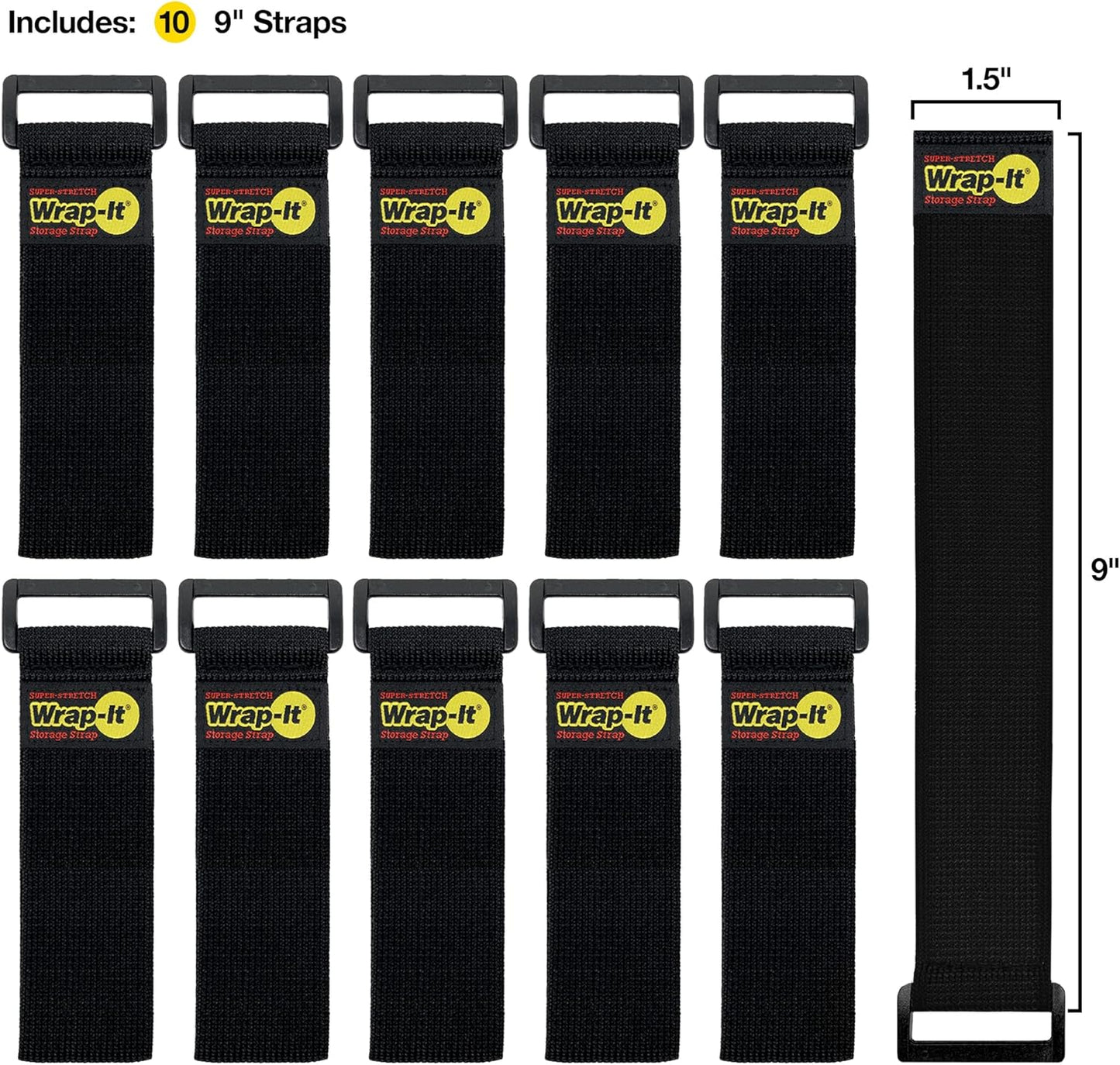 Super-Stretch Wrap-It Storage Straps - 9" (10 Pack) - Elastic Cinch Straps for Extension Cord Management, Cable Storage, Hose Organizer with Hook and Loop Closure to Strap Your Hose, Rope, and More