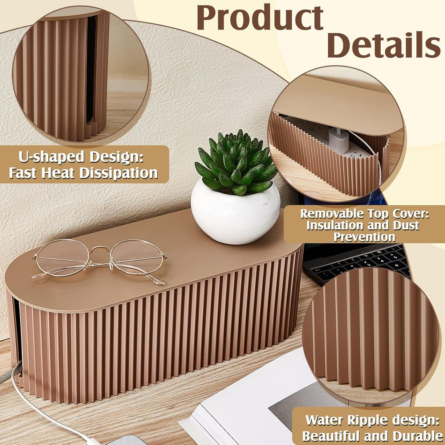 Marsui 2 Pcs Cable Management Box Cord Hider Organizer with 46 Pcs Cable Management Kit Wire Box for Power Strips Surge Protectors Desk TV Computer Wires Home Office(Light Coffee)