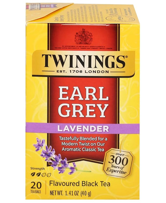 Twinings Earl Grey Lavender Black Tea Individually Wrapped Bags, 20 Count (Pack of 1), Citrus, Bergamot & Floral, Caffeinated, Enjoy Hot or Iced, 20 Teabags