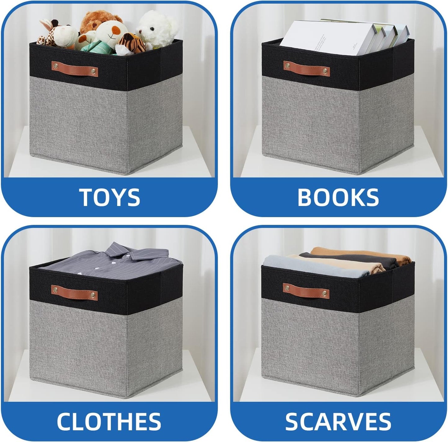 Temary 13 x 13 Storage Cubes Foldable Storage Cubes 4 Pack Canvas Storage Bin for Home, Square Storage Baskets with Leather Handles (Black&Grey)