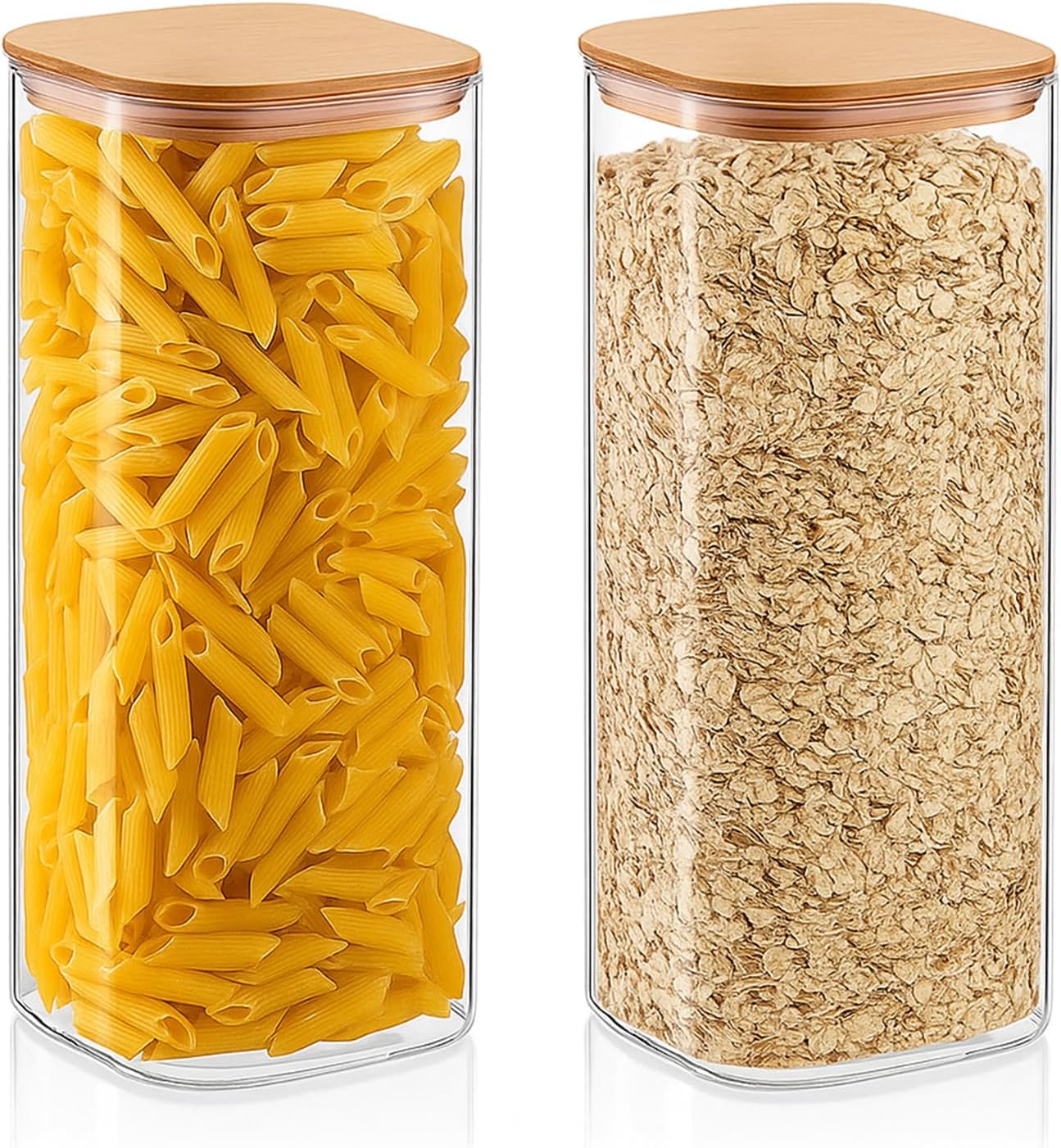 2 Pack Glass Flour and Sugar Containers Jars with Bamboo Airtight Lid Large 1750ml Glass Food Storage Containers for Spaghetti Pasta, Cereal, Candy, Cookies, Coffee, Oat