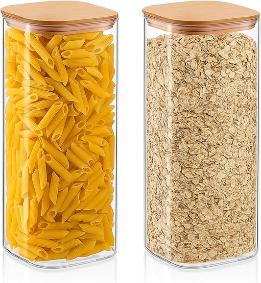 2 Pack Glass Flour and Sugar Containers Jars with Bamboo Airtight Lid Large 1750ml Glass Food Storage Containers for Spaghetti Pasta, Cereal, Candy, Cookies, Coffee, Oat