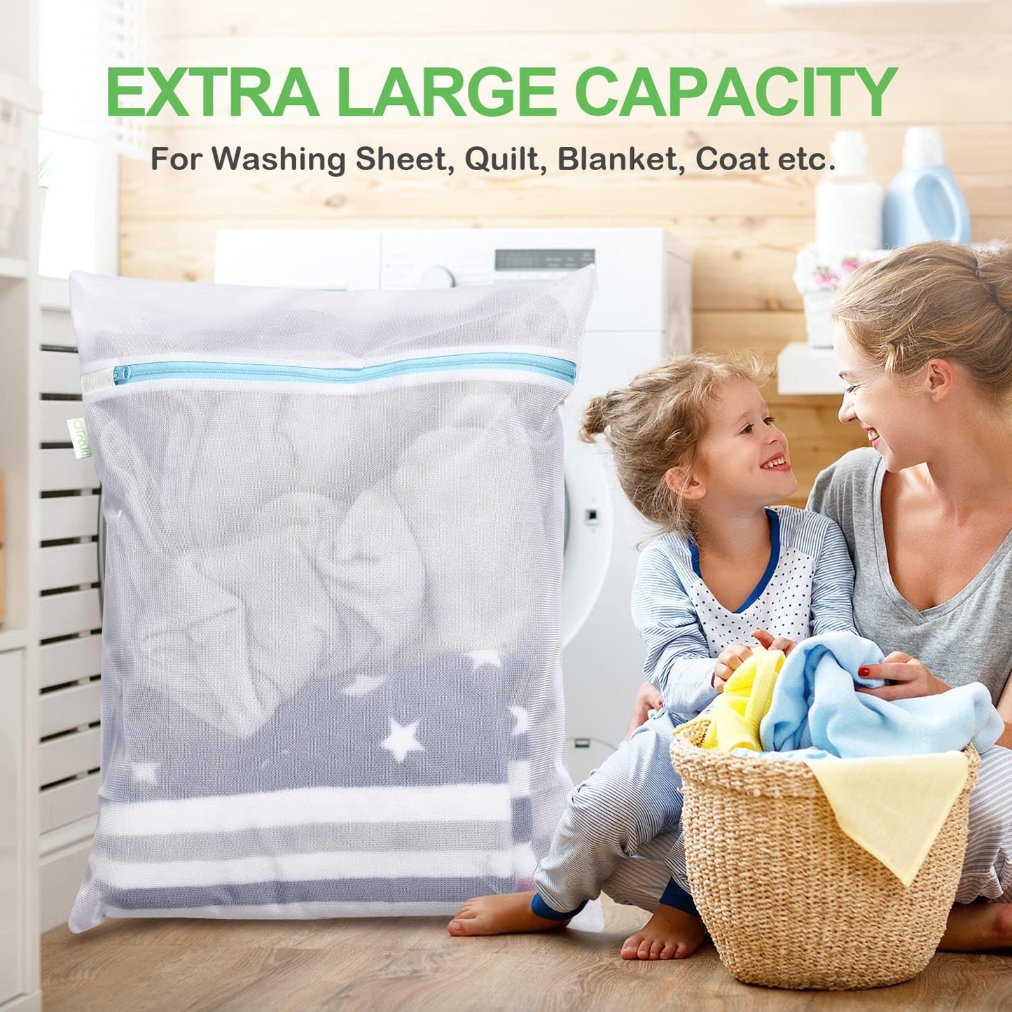 OTraki Large Mesh Washing Bag 43 x 35 in XL Laundry Bag Washer Machine Net Protector Large Washer Bag for Travel Camp College Student Dress Bedding Blanket Sheet Robe Cleaning Organizer Blue