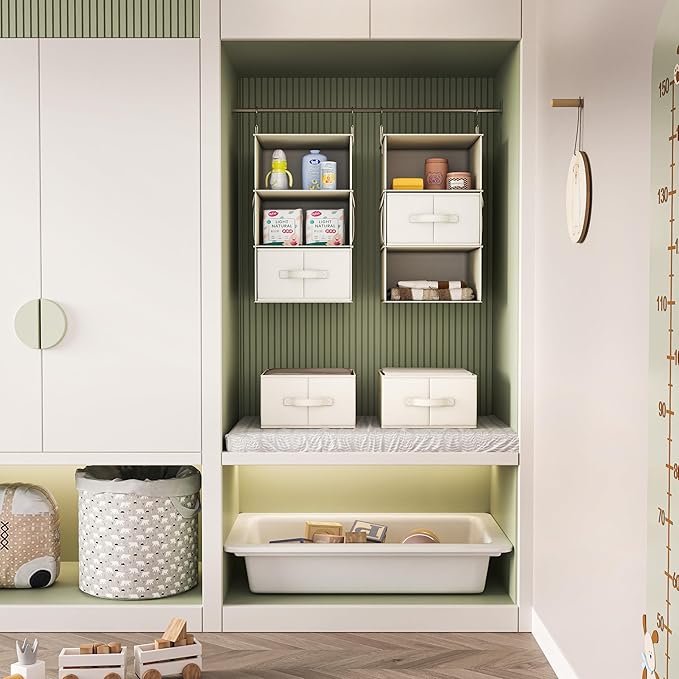 Vailando 3-Shelf Hanging Closet Organizer, Set of 2 Hanging Shelves with 2 Drawers for Wardrobe, Nursery, Baby Clothes Storage and Organization, Beige