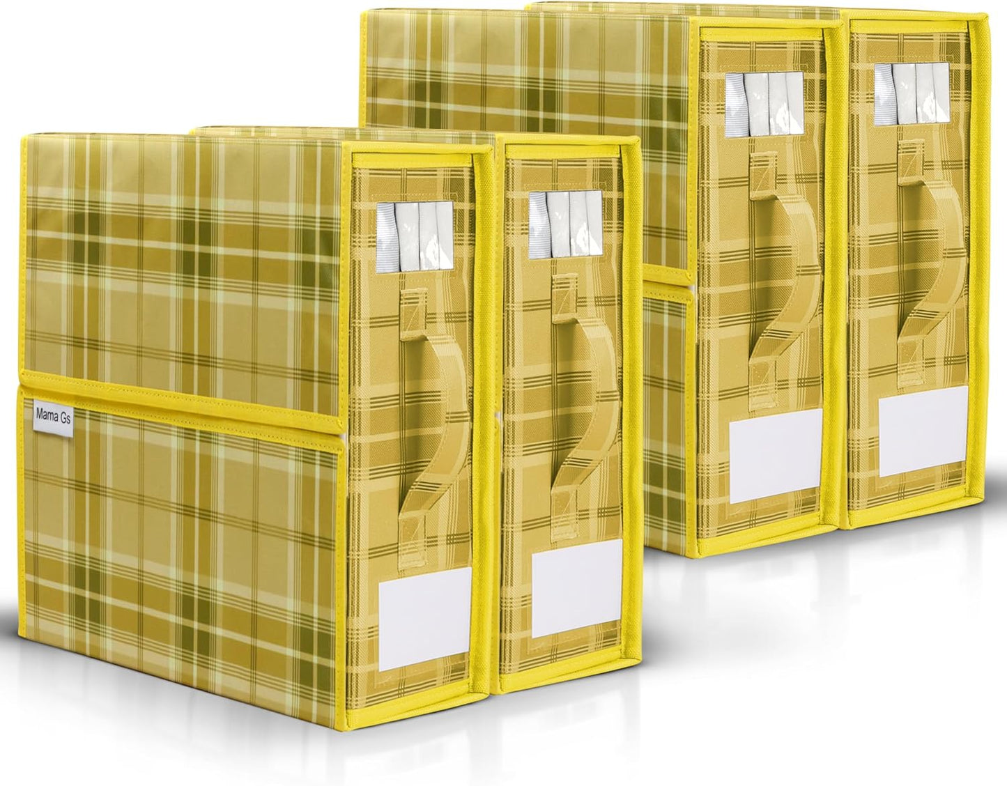 Bed Sheet Organizer Set of 4 – Plaid Sheet Storage 15"x12"x4" – Foldable Bedsheet Holders with Zipper, Window – Closet Organizer for Bedding Storage, Pillows, Duvets, Linen – Yellow