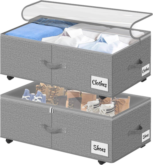 2 Pack Under Bed Storage with Wheels 10" Height, Rolling Storage Bins XXL 60L, Underbed Shoe Storage Containers with Label & Clear Lid, Dorm Under bed Drawers for Clothes, Shoes, Quick Assembly, Grey