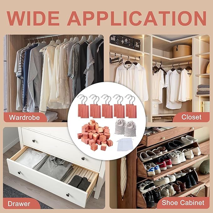 (48pcs) Natural Cedar Wood Cedar Blocks, CedarHanging Chips and Aromatic CedarSachets Moth Protection for Closet Drawers and Wardrobe, CED-ar Blocks for Clothes Storage