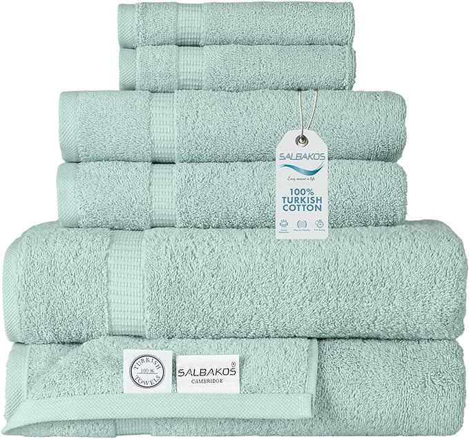 SALBAKOS 100% Turkish Cotton 6-Piece Towel Set | Heirloom Quality Hotel & Spa Collection | Soft, Absorbent 2 Washcloth, 2 Hand, 2 Bath Towel Sets | Made in Turkey (Seafoam Green, 6 Piece Towel Set)
