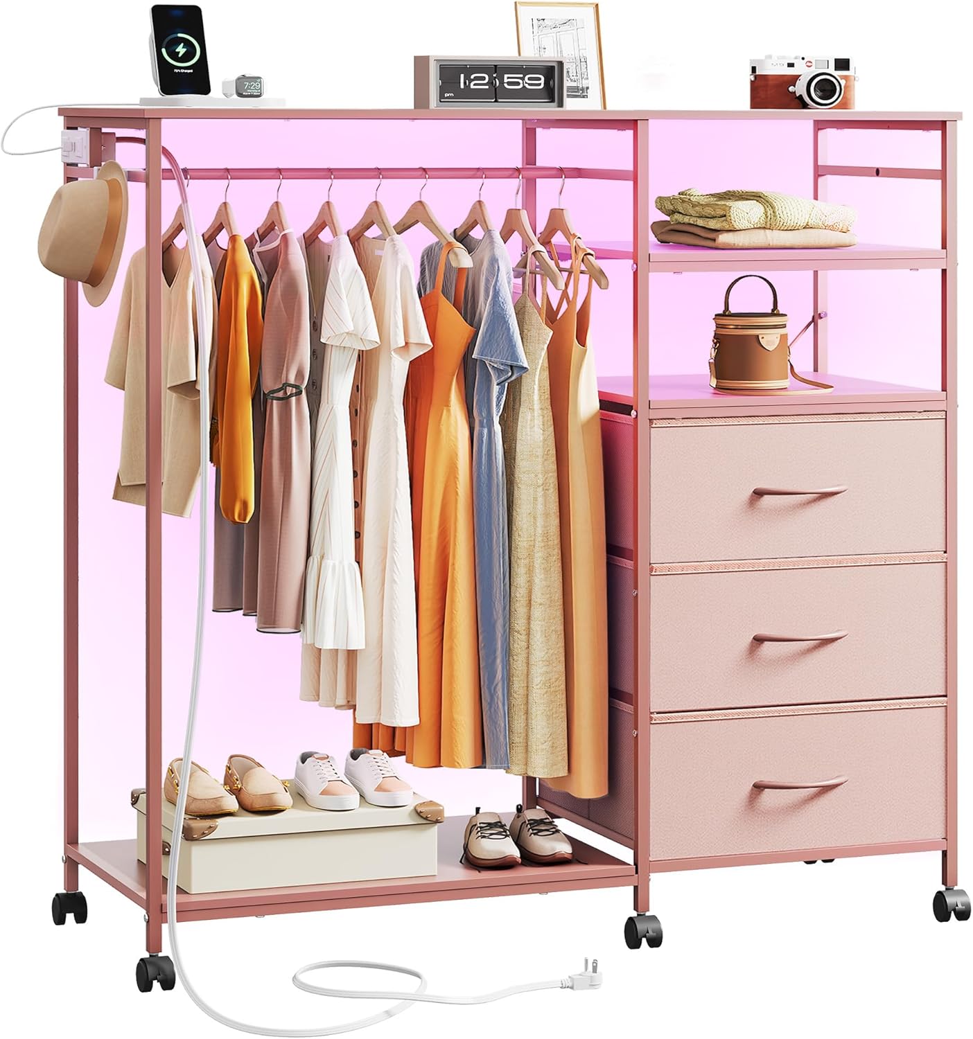 WLIVE 42''W Pink Dresser for Bedroom with Hanging Rack, 3 Drawer Dresser with LED Lights & Charging Station, Fabric Dressers & Chest of Drawers, Storage Organizer with Open Shelves for Living Room