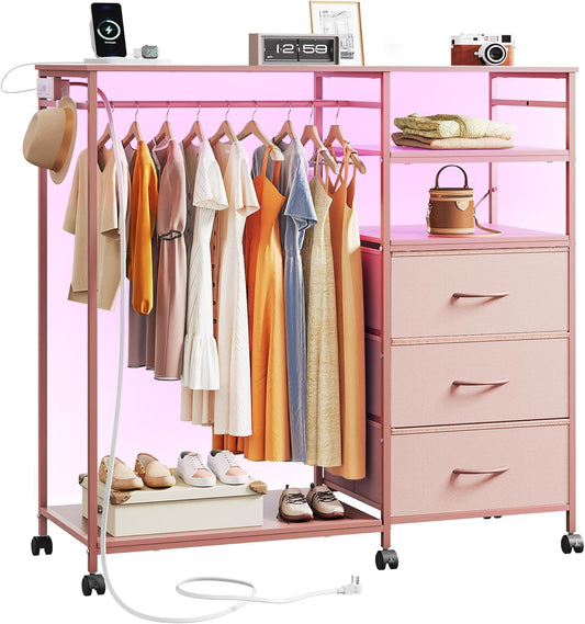 WLIVE 42''W Pink Dresser for Bedroom with Hanging Rack, 3 Drawer Dresser with LED Lights & Charging Station, Fabric Dressers & Chest of Drawers, Storage Organizer with Open Shelves for Living Room