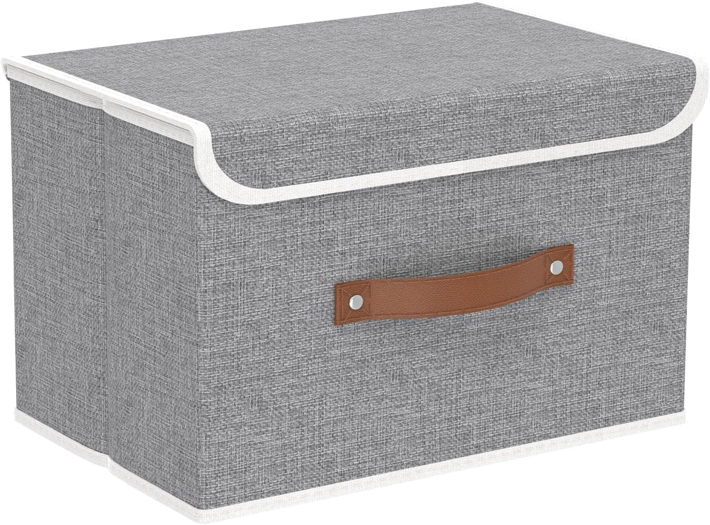 Yawinhe Collapsible Storage Bin, Cube Organizer Basket, Fabric Box with Lids, Washable and Leather Handle, for Home, Closet, Grey, 15.0''Lx9.8''Wx9.8''H, 1-Pack, USNK024GL-1