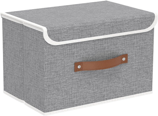 Yawinhe Collapsible Storage Bin, Cube Organizer Basket, Fabric Box with Lids, Washable and Leather Handle, for Home, Closet, Grey, 15.0''Lx9.8''Wx9.8''H, 1-Pack, USNK024GL-1