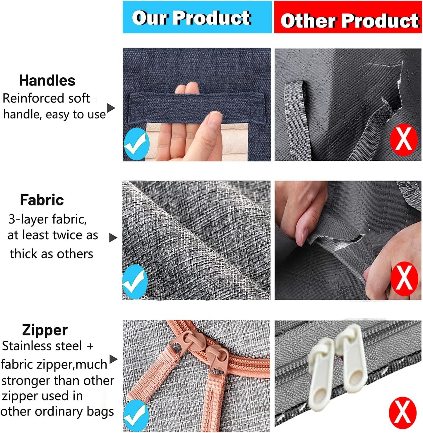 Large Storage Bags,Stackable Clothes Storage Bins with Hold Shape Metal Frame,Foldable Closet Organizer Containers with Zipper,Clear Window,Thick Fabric for Seasonal Clothing,Bedding (3 Pack, 66L)