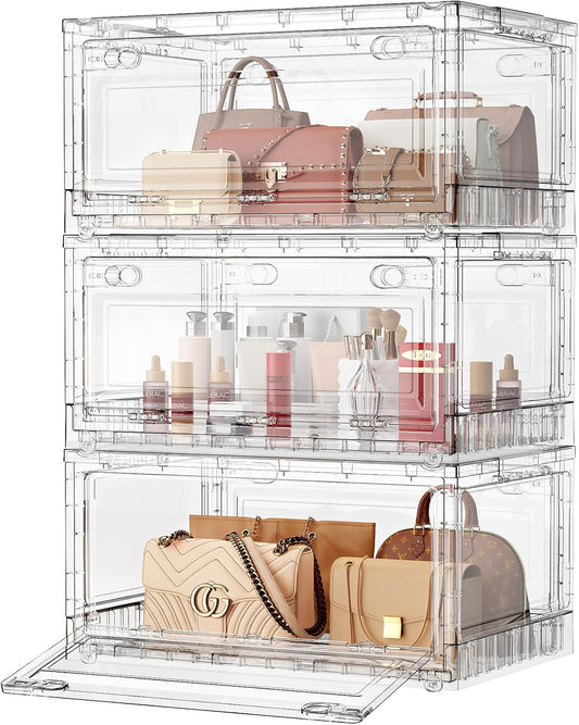 BROVIEW 240Qt Clear Stackable Storage Bins with Lids and Wheels, Shiny Plastic Storage Bins, Foldable PET Drawer Closet Organizers and Storage Cabinets Display Box for Home Craft Makeup, 3 Pack