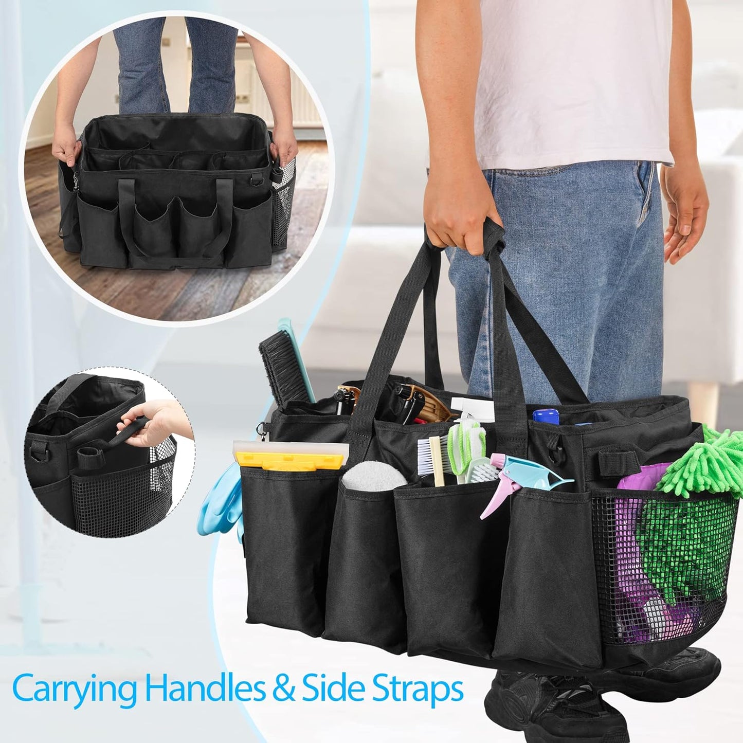 Extra-Large Cleaning Caddy, Organizer with Handles for Cleaning Tools & Products Storage, Large Capacity Tote Bag for Car, Home & Housekeeping Work, Black