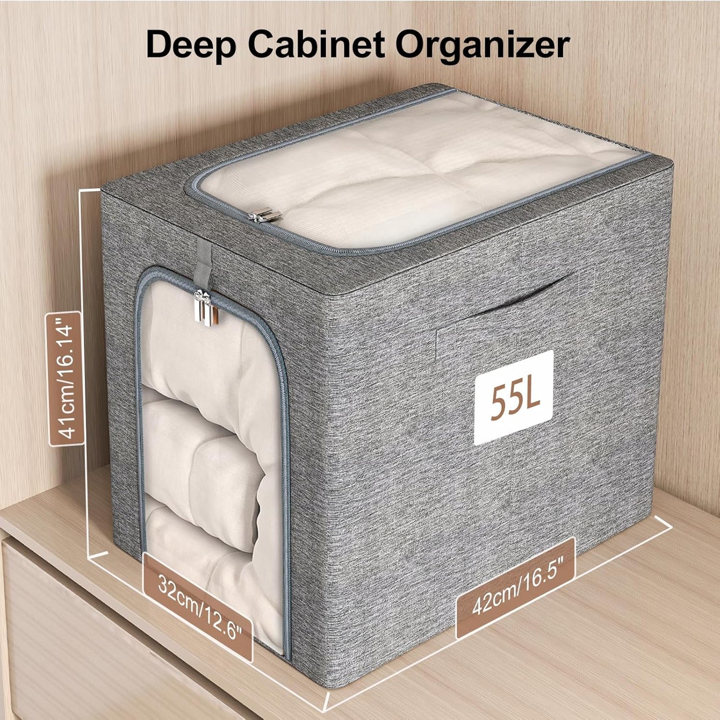 GoMaihe Clothes Storage Bins Metal Frame: 55L Extra Large Stackable Closet Storage Bin with Lid & Clear Window, Heavy Duty Blanket Box for Winter Coats Comforters (Fits Deep Closet 6-Pack)