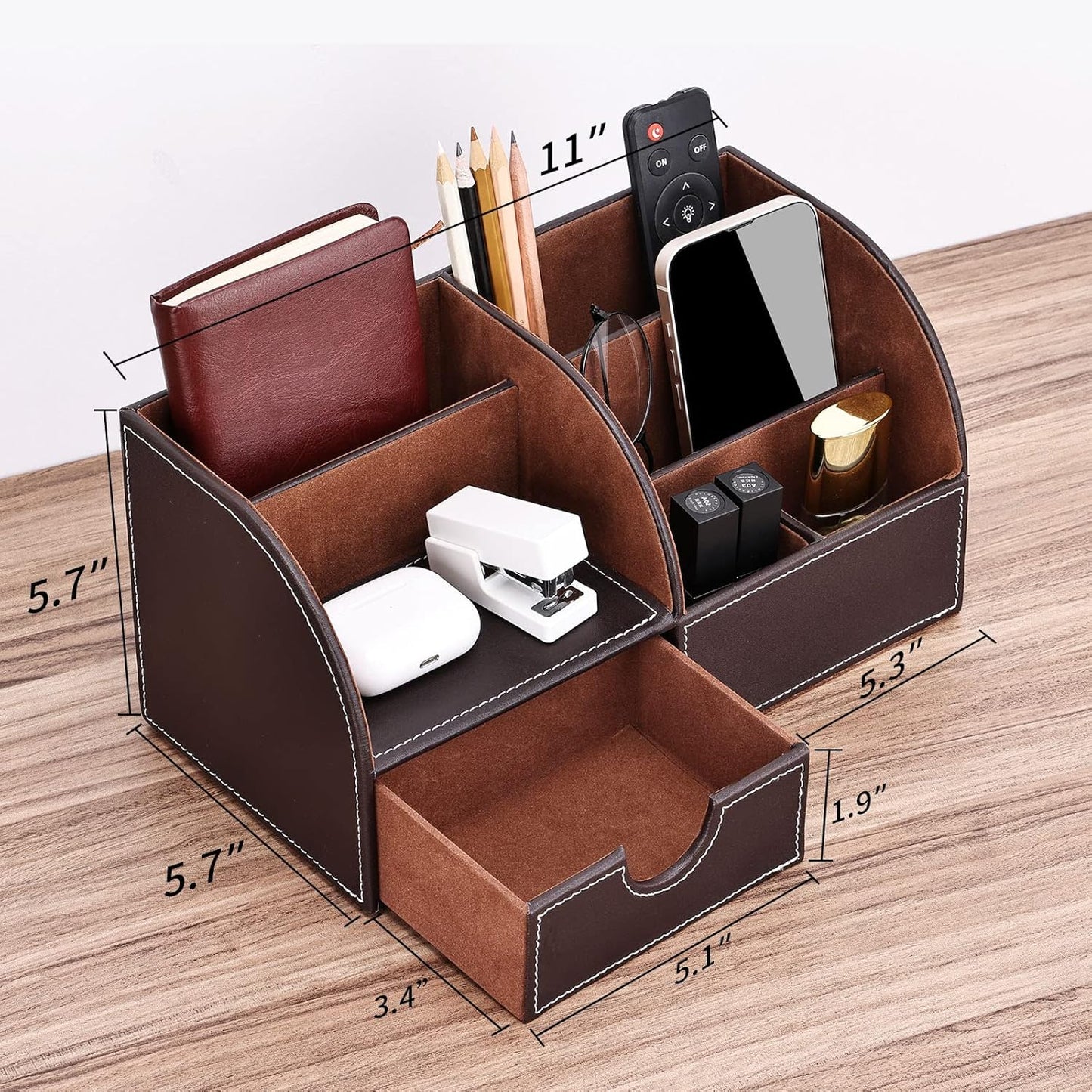 KINGFOM Pu Leather Desk Organizer Pen Pencil Holder Office Supplies Caddy Storage Box 6 Compartments with Drawer Brown