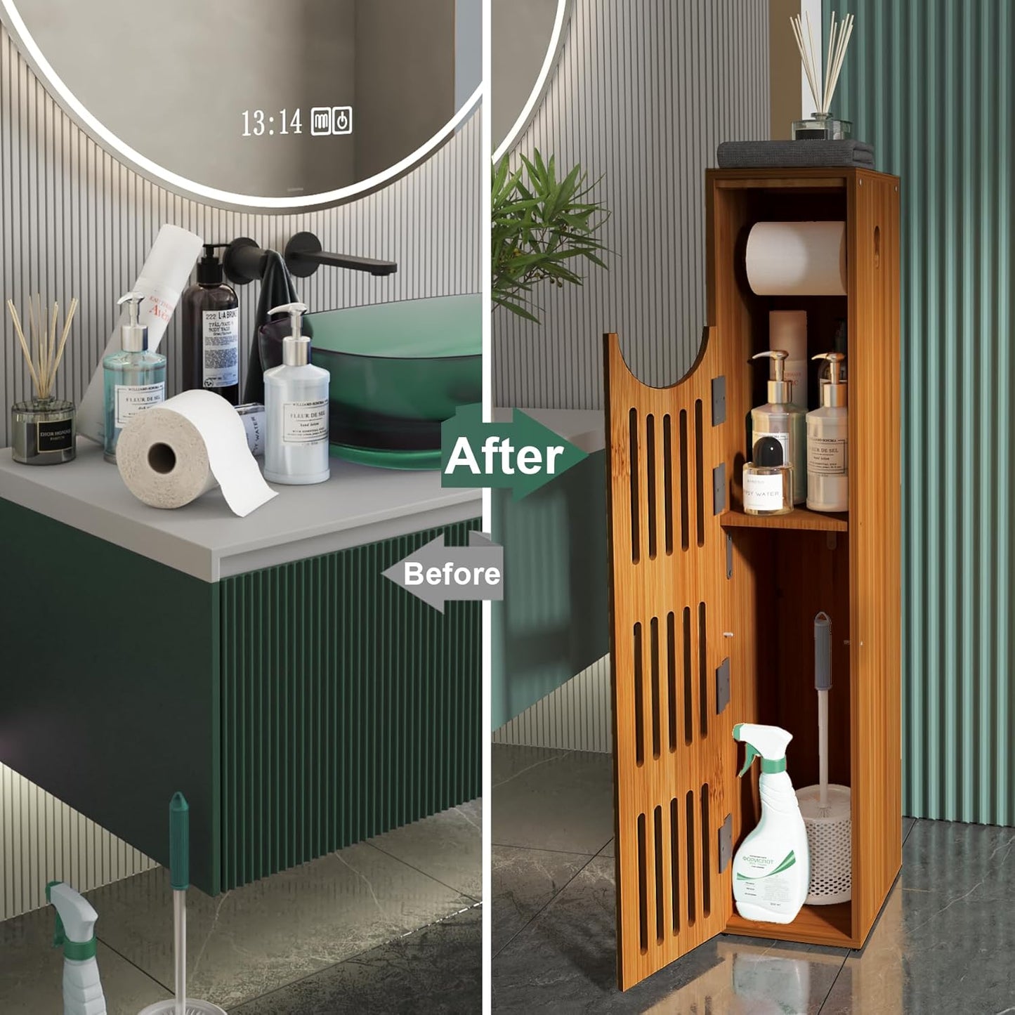 AmazerBath Bamboo Toilet Paper Holder with Storage, Bathroom Toilet Paper Storage Cabinet, Small Bathroom Storage Cabinet for Small Spaces, Slim Bathroom Storage Cabinet, 33x7.3x6.5 Inches, Brown