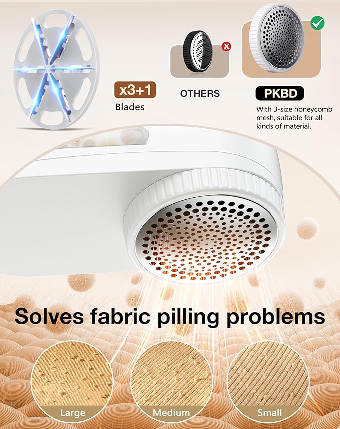 IPX6 Waterproof Washable Electric Fabric Shaver and Lint Remover, Rechargeable Sweater Defuzzer with 3 Free Extra Blades, Quickly and Effectively Remove Fluff, Fuzz, Bobbles for Clothes, White