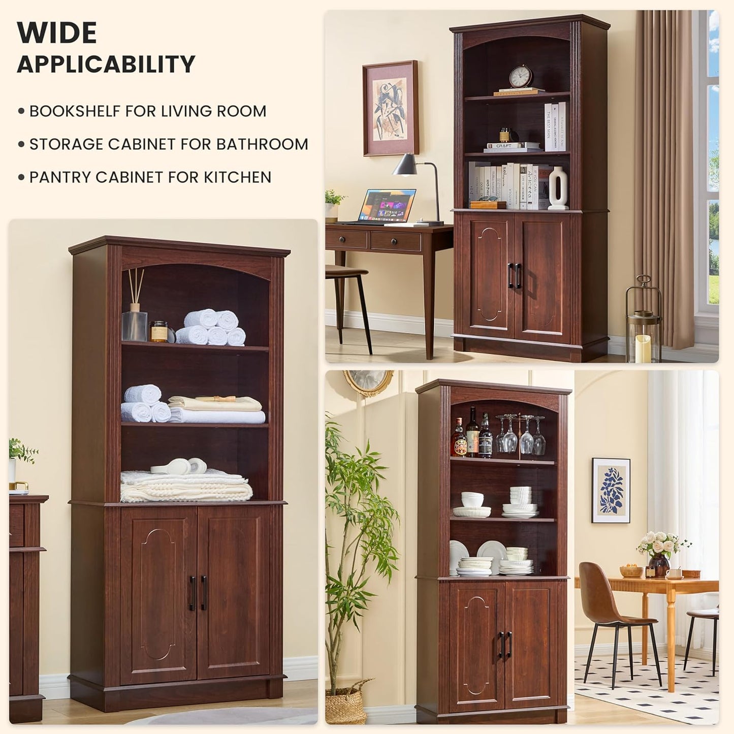 5 Tier Book Shelf and Bookshelf with Storage Cabinet Doors, 72 Inch Tall Bookcase, Wooden Cube Storage Organizer, Kids Bookshelf, Display Cabinet for Bedroom Furniture, Living Room, Pantry Cherry