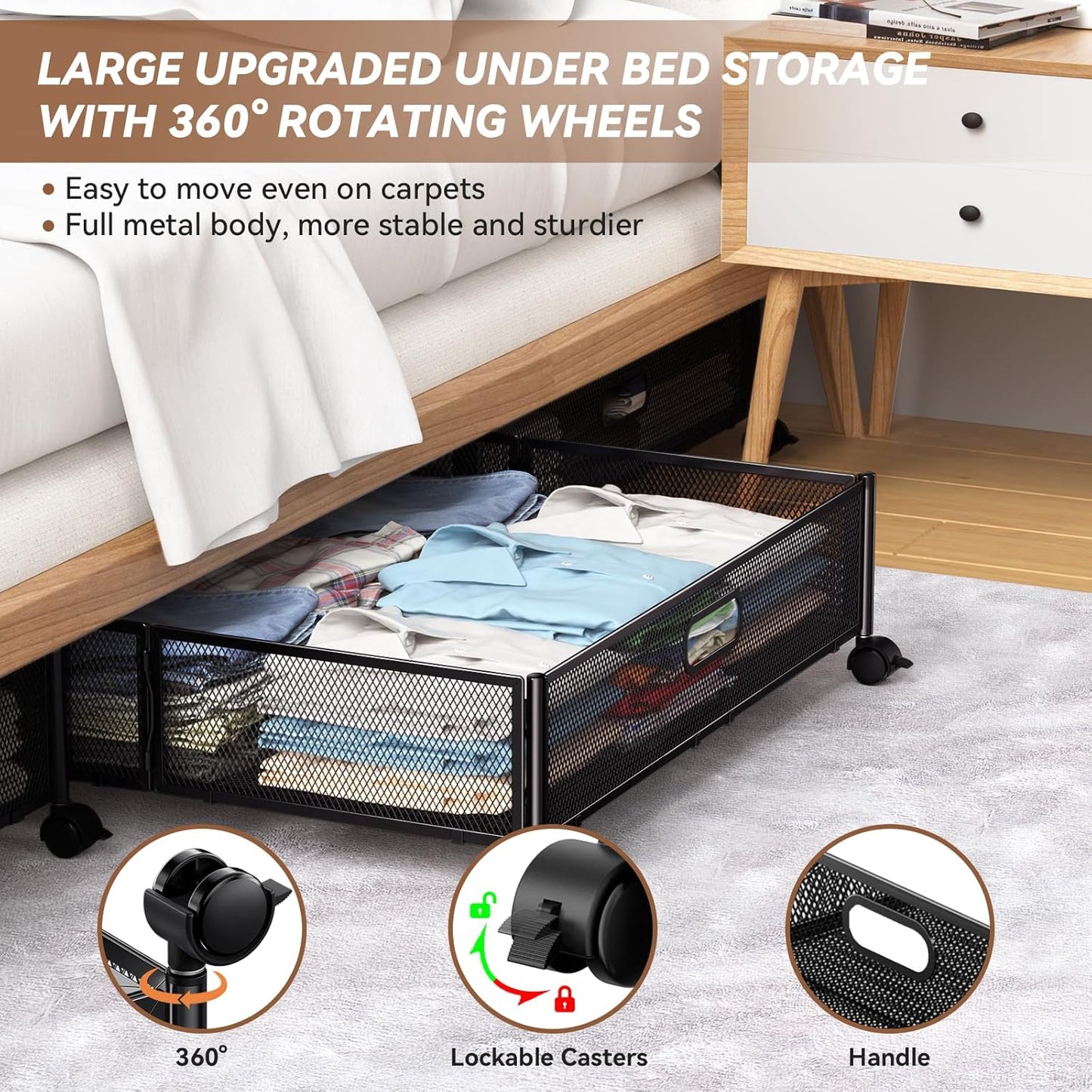 PHINOX Under Bed Storage Containers with Wheels - Shoe Storage Organizer Drawer, Tool-free Assembly Metal Underbed Storage for Bedroom Clothes, Shoes, Blankets - 2Pack