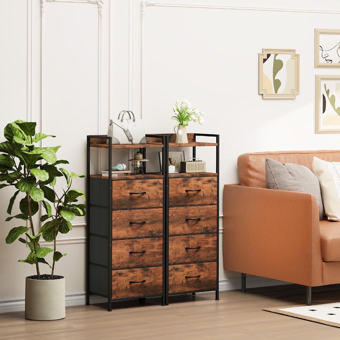 Somdot Night Stand with 4 Drawers, Vertical Storage Tower Fabric Dresser for Bedroom, Nightstand Bedside Table Furniture, Sturdy Steel Frame, Wooden Top & Easy Pull Fabric Bins, Wood Grain Print