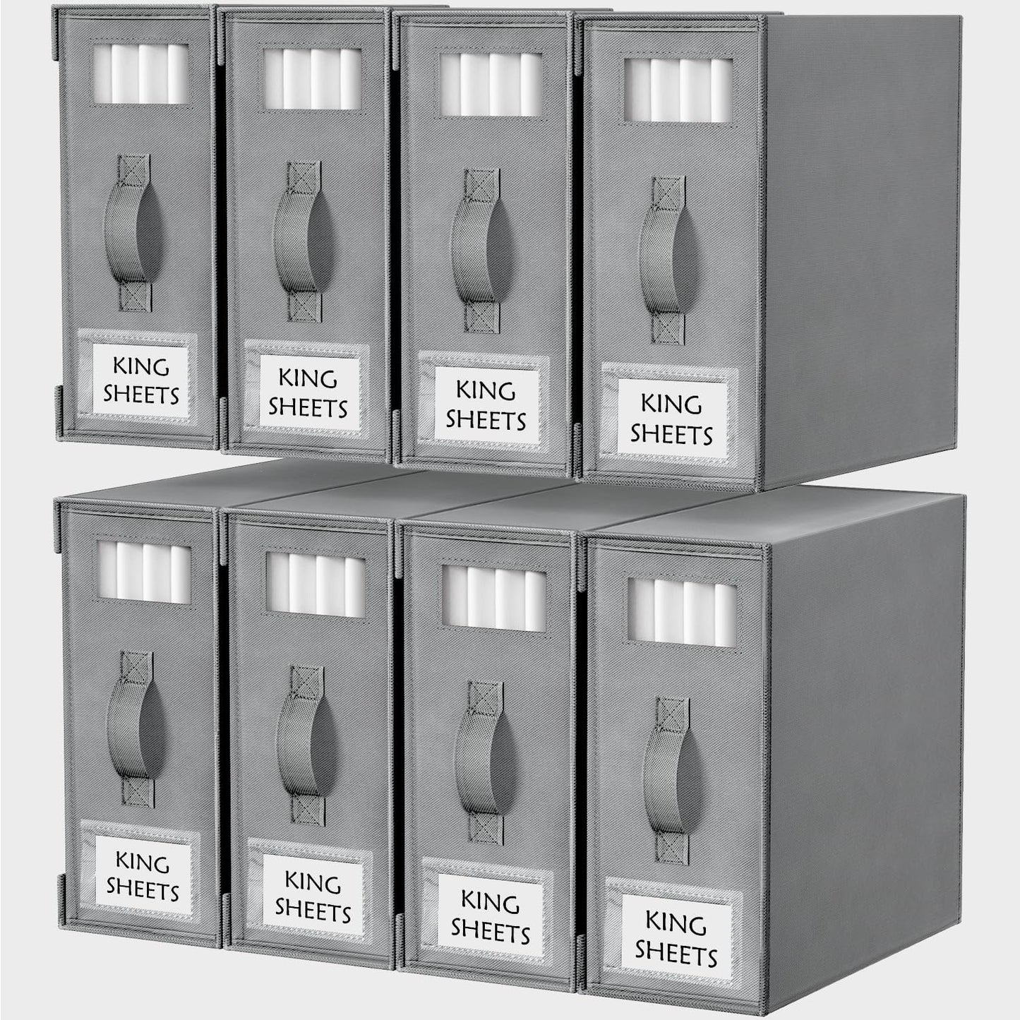 Criusia Bed Sheet Organizers and Storage, 8 Pack Foldable Linen Closet Organizer Box – Bedding Holder for Sheet Set (King/Queen Sizes), Duvet Covers, Blankets (Grey)