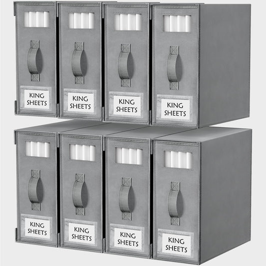 Criusia Bed Sheet Organizers and Storage, 8 Pack Foldable Linen Closet Organizer Box – Bedding Holder for Sheet Set (King/Queen Sizes), Duvet Covers, Blankets (Grey)