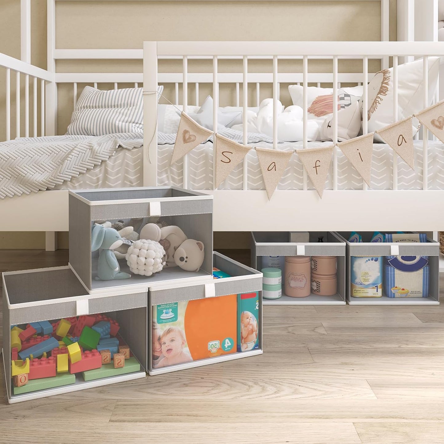 Linen Closet Organizers and Storage, Closet Storage Bins Basket Organizer, Foldable Organization Baskets with Mesh Window for Clothes Towels and Toys, 12.75" x 12.75" x 9", Gray, 4 pack